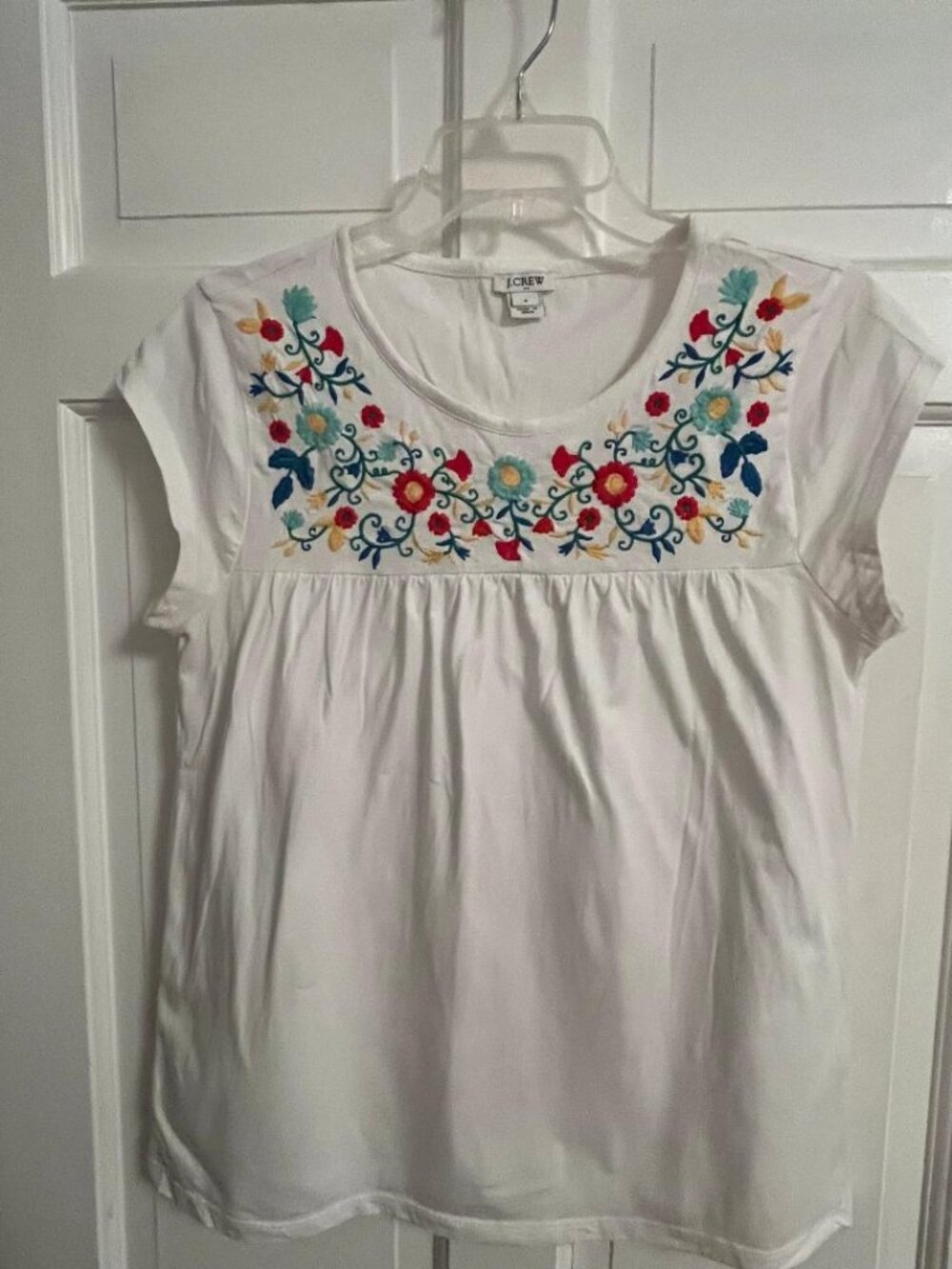 J. Crew White Embroidered Floral Cap Sleeve Top Sz S